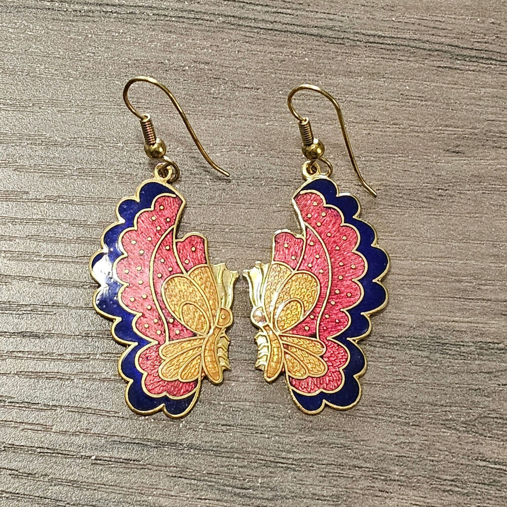 Vintage Cloisonne Butterfly Wing Dangle Earrings